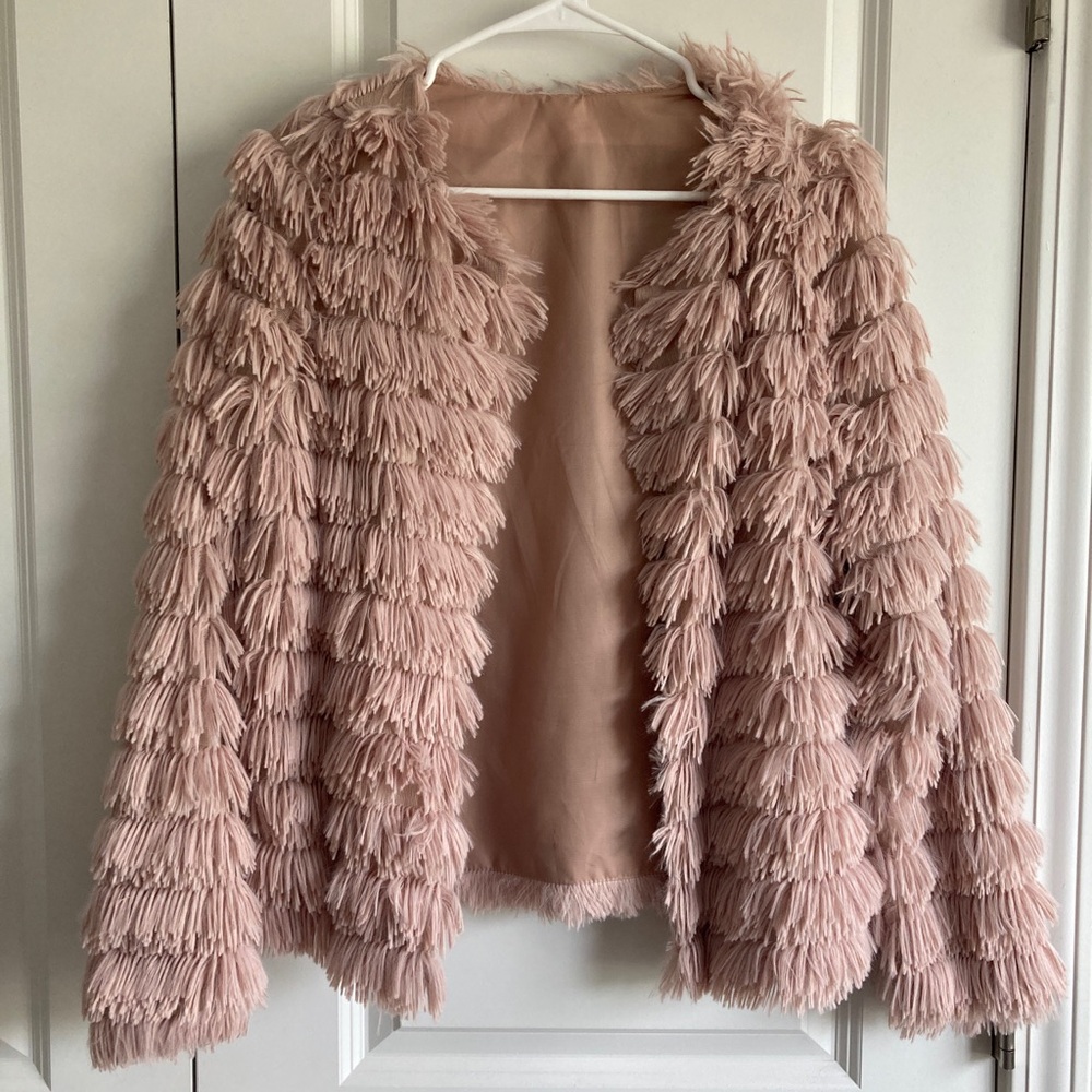 Women’s Blush Pink Fringe Faux-Fur Jacket
